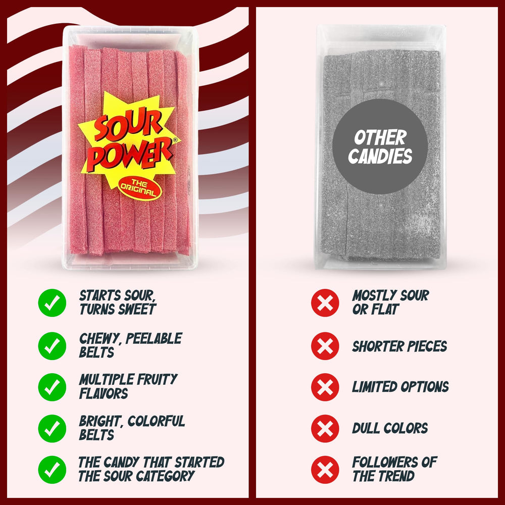 Sour Power vegan and non-GMO belts highlighted for dietary options.