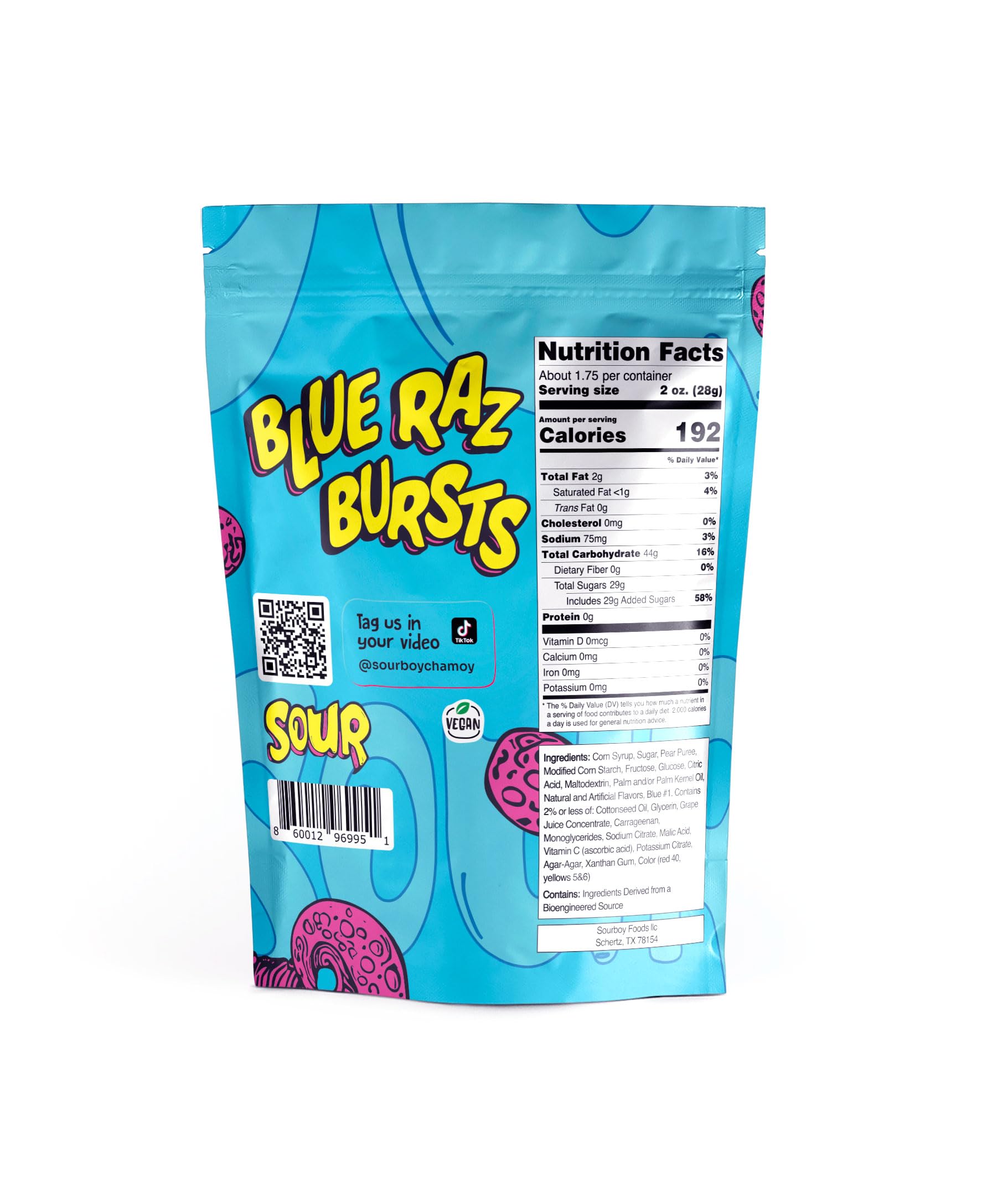 Sourboy Blue Raspberry Gushers resealable bag keeps freshness for on-the-go enjoyment.