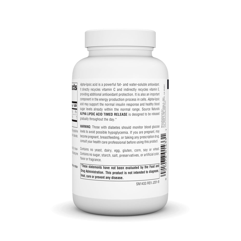 Capsule view of Source Naturals Alpha Lipoic Acid time-release tablets.