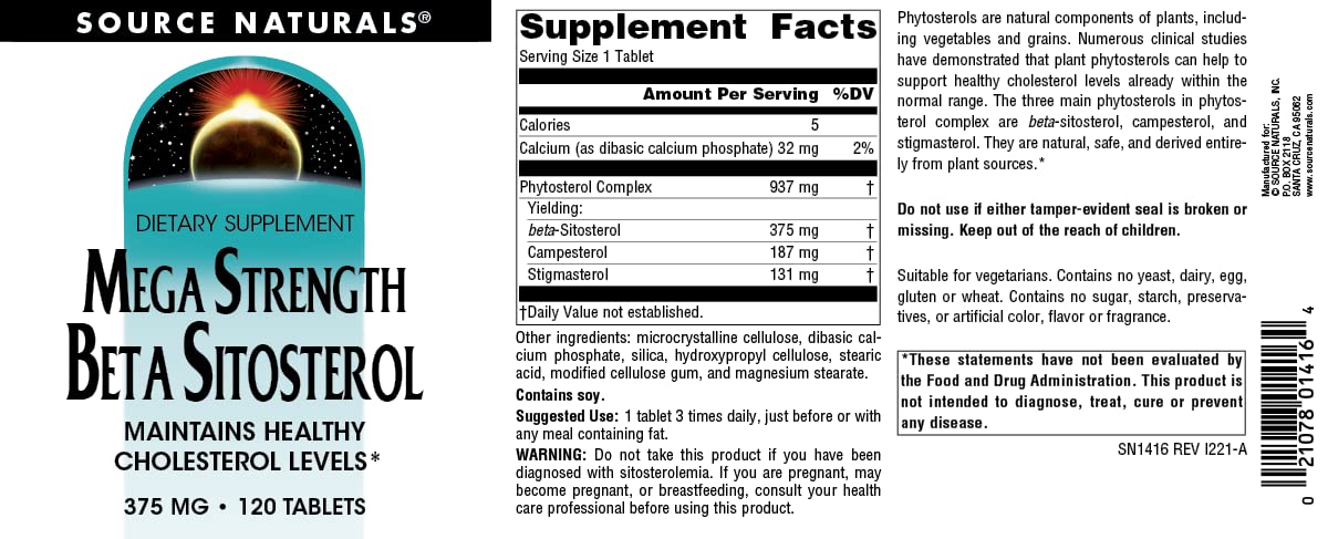 Source Naturals Beta Sitosterol ingredients panel with plant-based sterols