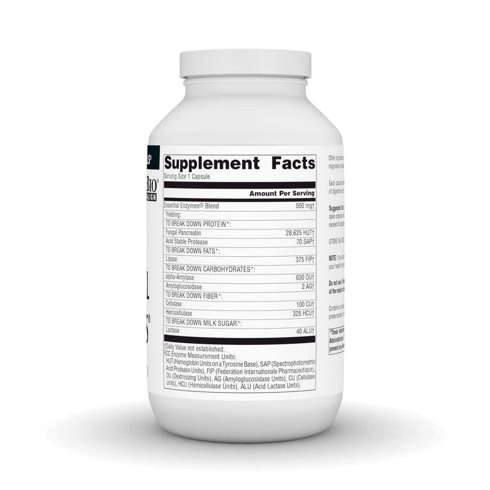 Source Naturals Essential Enzymes bottle pouring capsules illustrating daily digestion aid