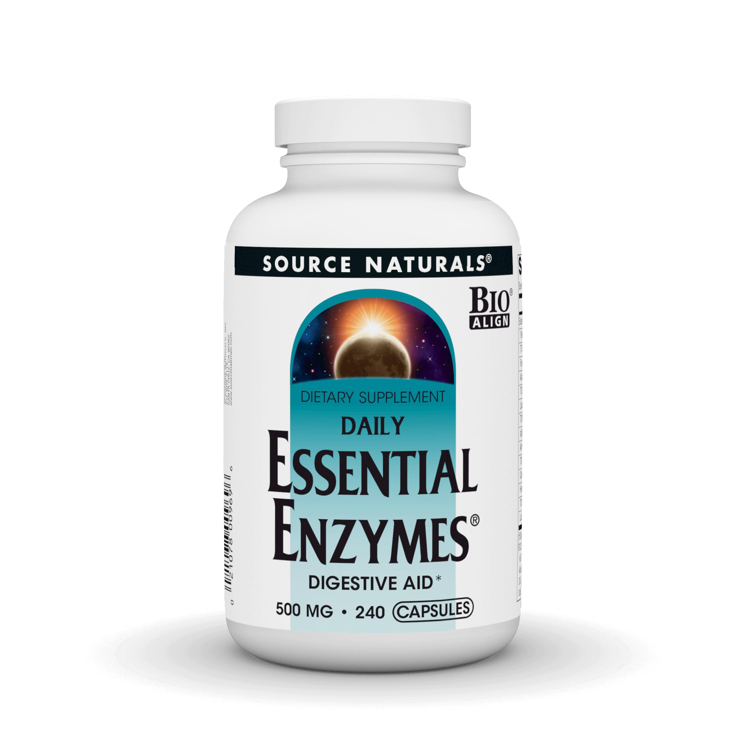 Source Naturals Essential Enzymes bottle shows broad-spectrum digestion blend for meals.