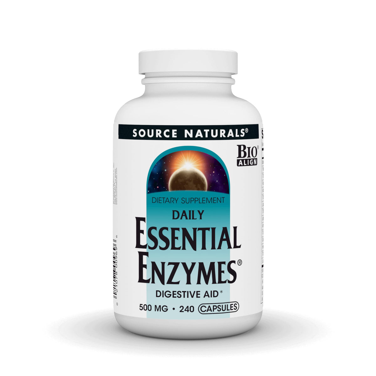 Source Naturals Essential Enzymes bottle shows broad-spectrum digestion blend for meals.