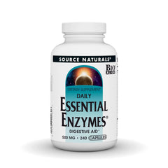 Source Naturals Essential Enzymes bottle shows broad-spectrum digestion blend for meals.