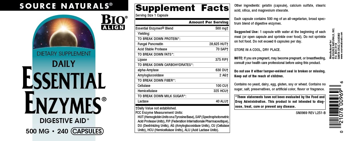 Source Naturals Essential Enzymes bottle indicates USA manufacturing quality.