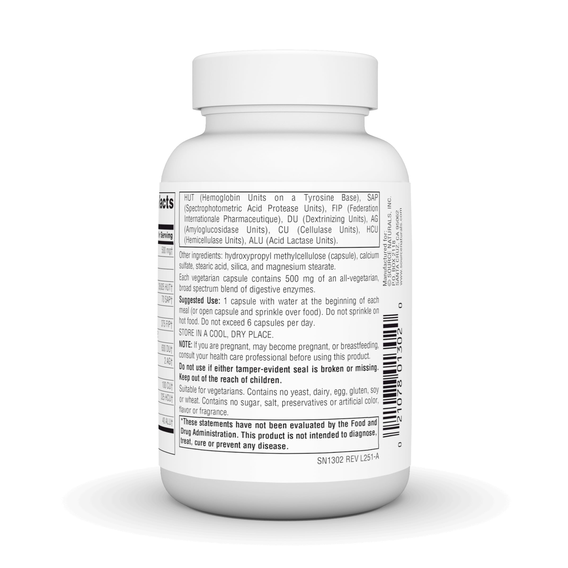 Source Naturals Essential Enzymes ingredient label close up highlighting enzyme variety.