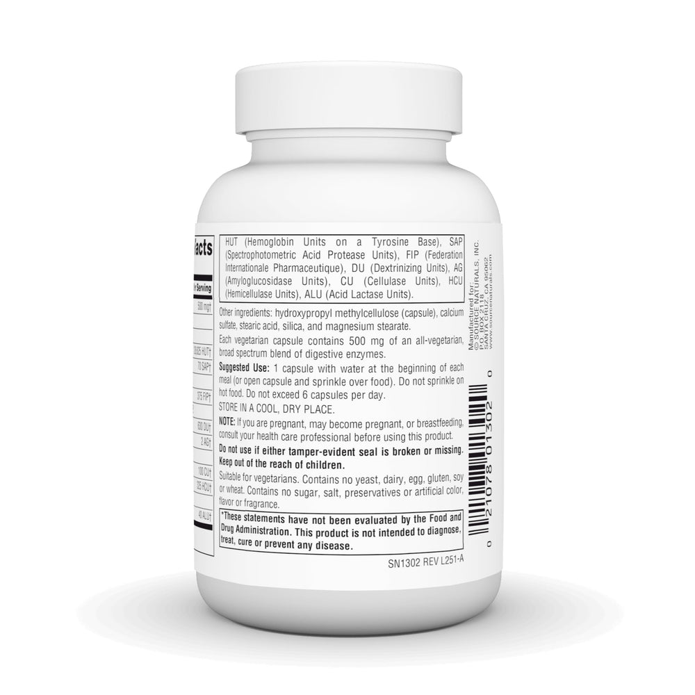Source Naturals Essential Enzymes ingredient label close up highlighting enzyme variety.