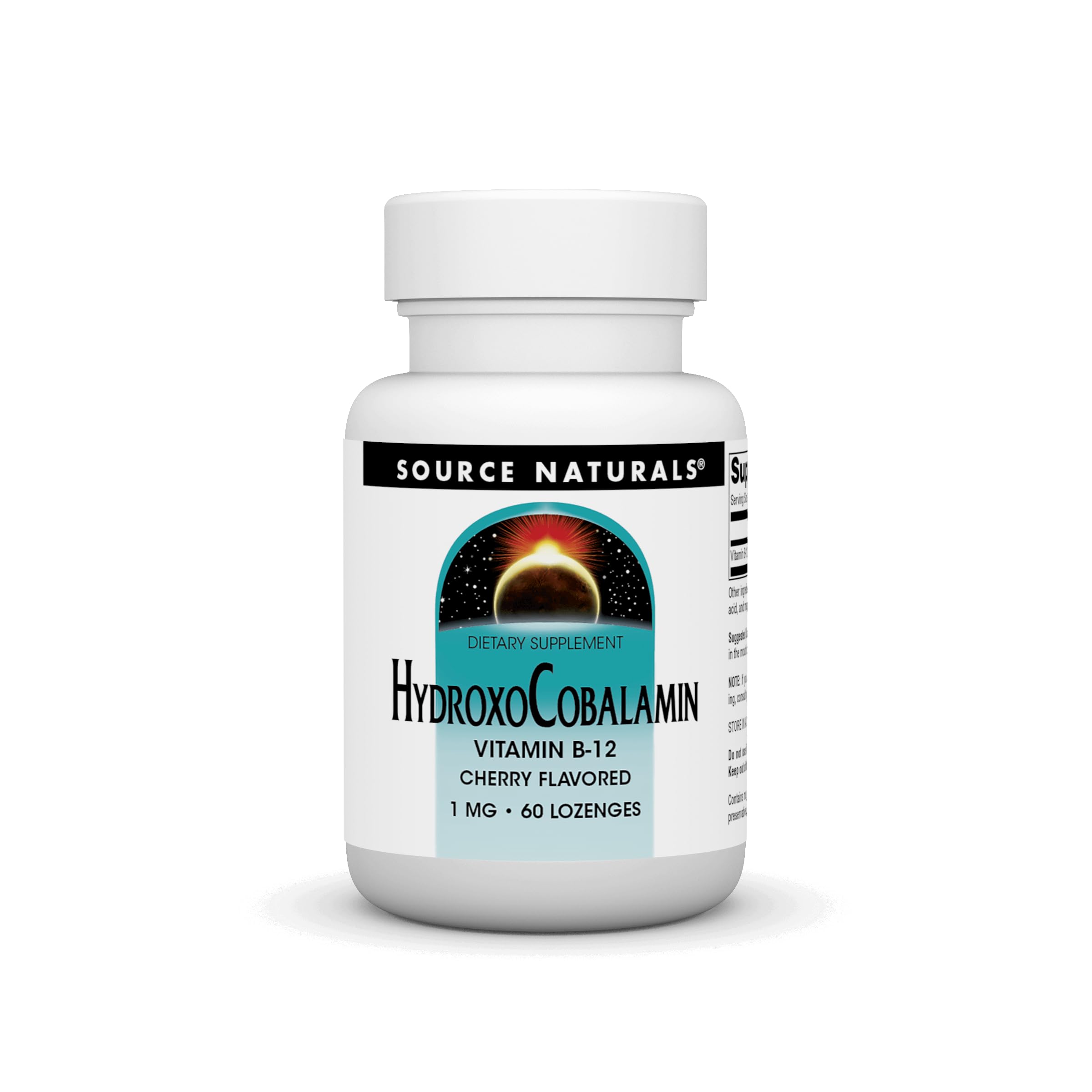 Source Naturals HydroxoCobalamin cherry lozenge front view for daily energy support.
