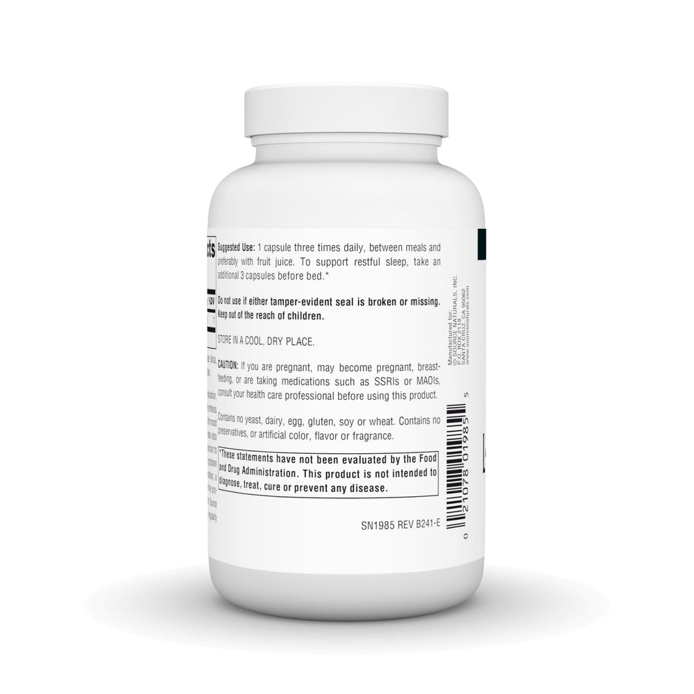 Source Naturals L-Tryptophan bottle with dosing information for bedtime