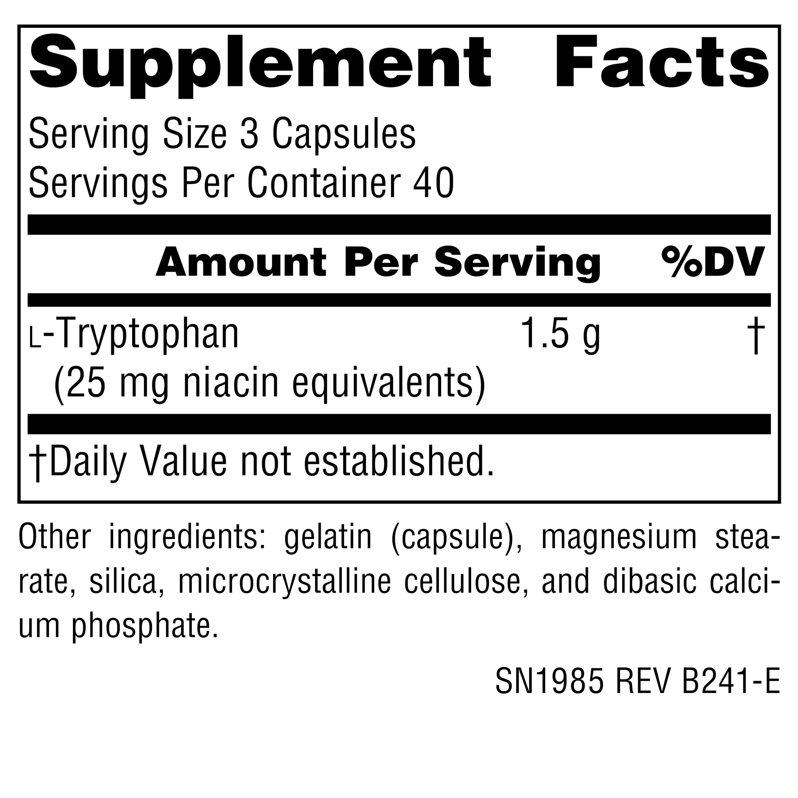 Source Naturals L-Tryptophan capsules close-up showing 500 mg