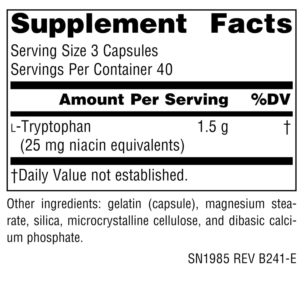 Source Naturals L-Tryptophan capsules close-up showing 500 mg