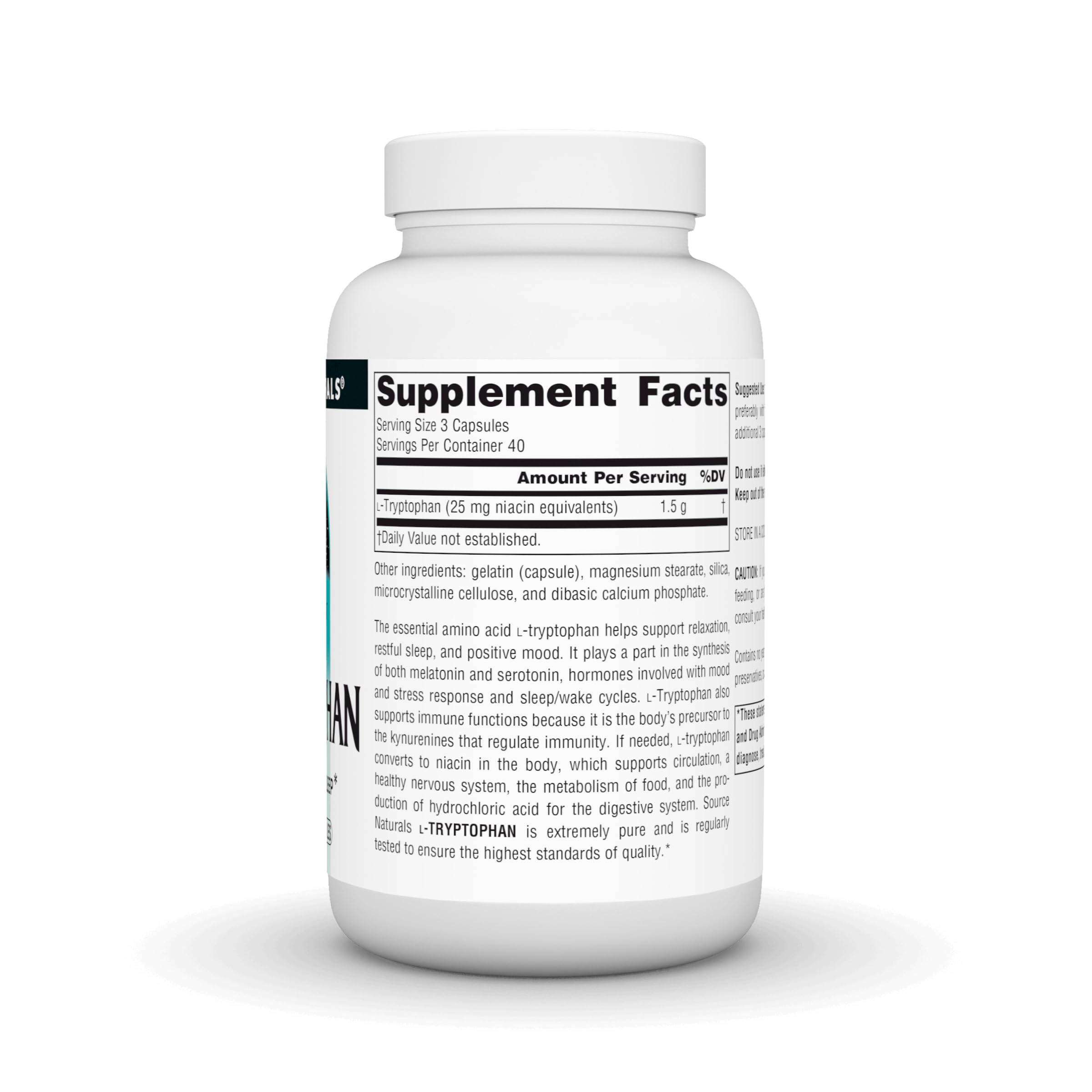 Source Naturals L-Tryptophan label detail noting cGMP manufacturing quality