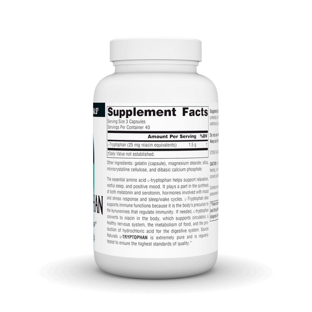 Source Naturals L-Tryptophan label detail noting cGMP manufacturing quality