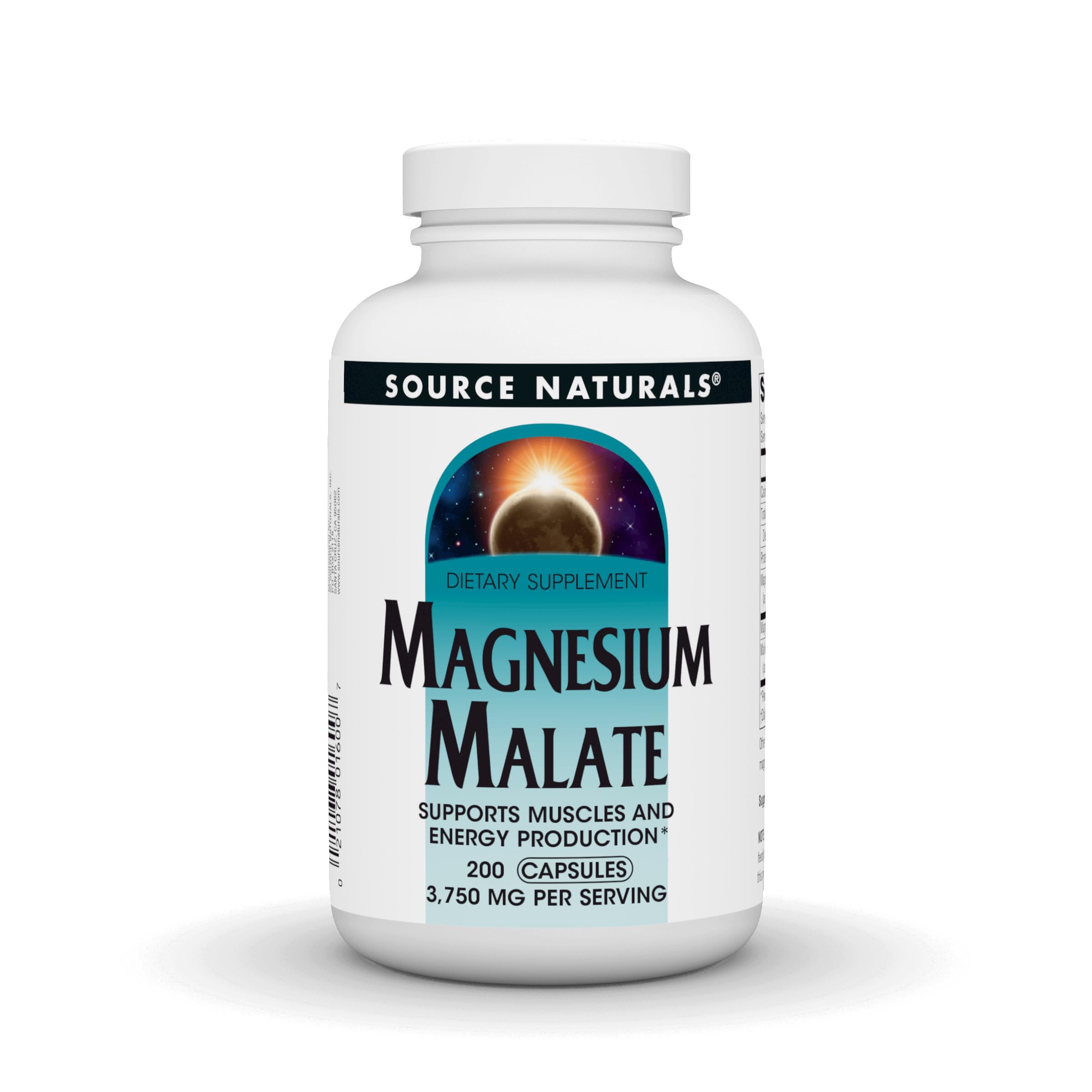 Source Naturals Magnesium Malate bottle with capsules for potential daily muscle support.