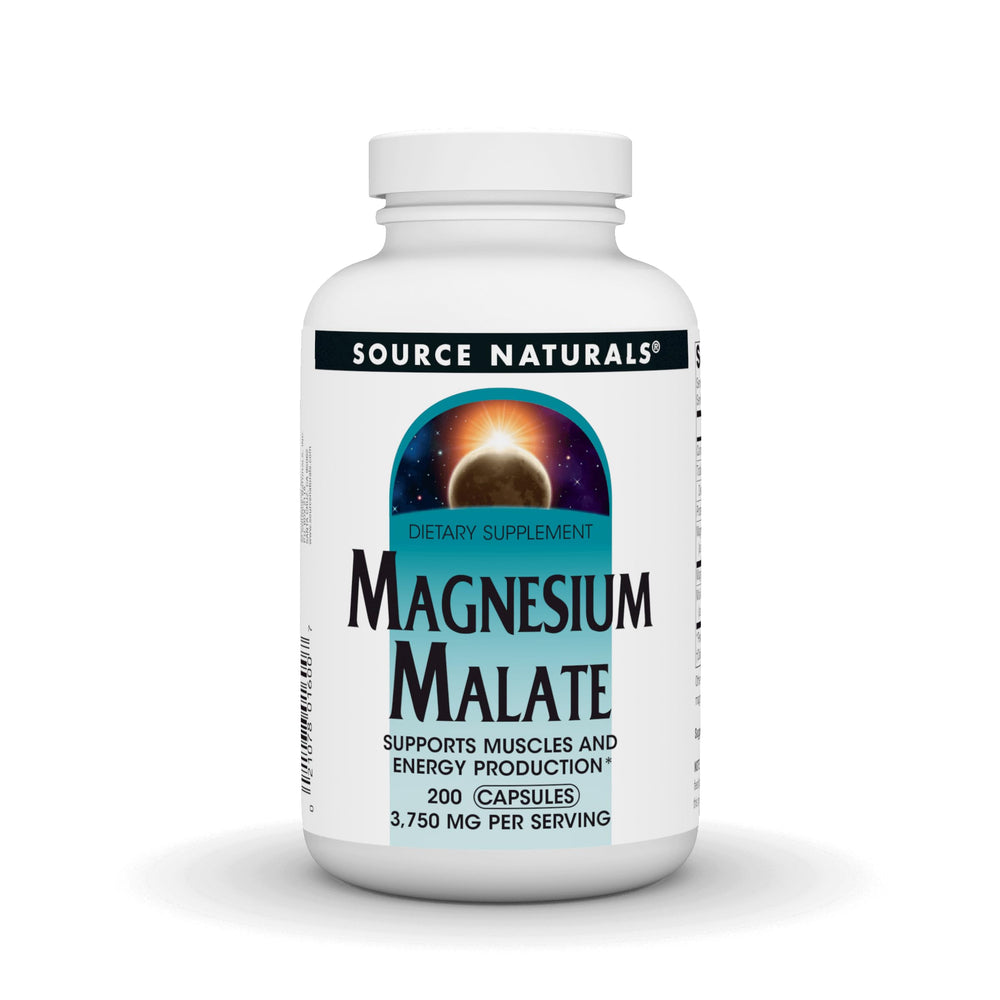Source Naturals Magnesium Malate bottle with capsules for potential daily muscle support.