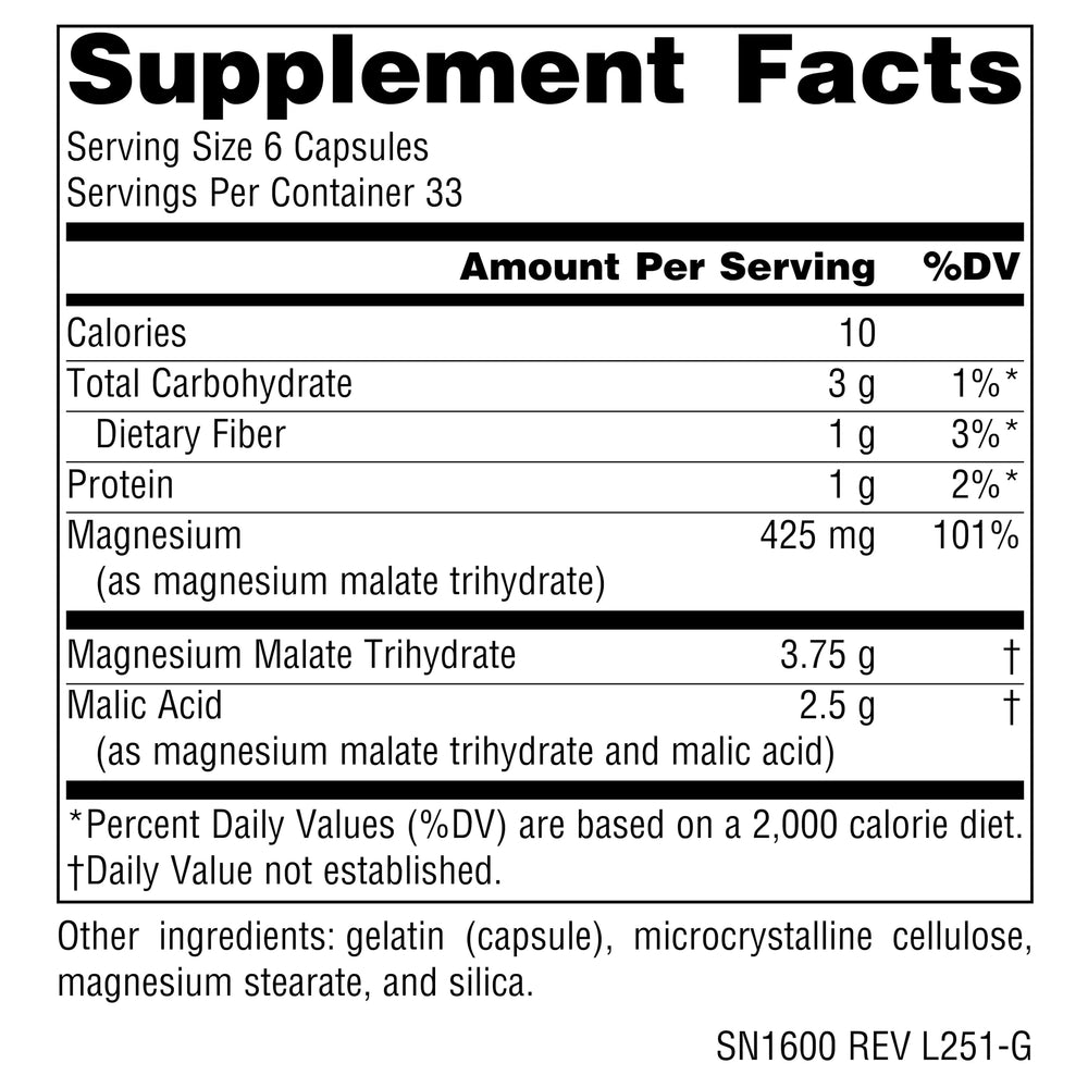 Close-up of Source Naturals Magnesium Malate capsules emphasizing energy production potential.