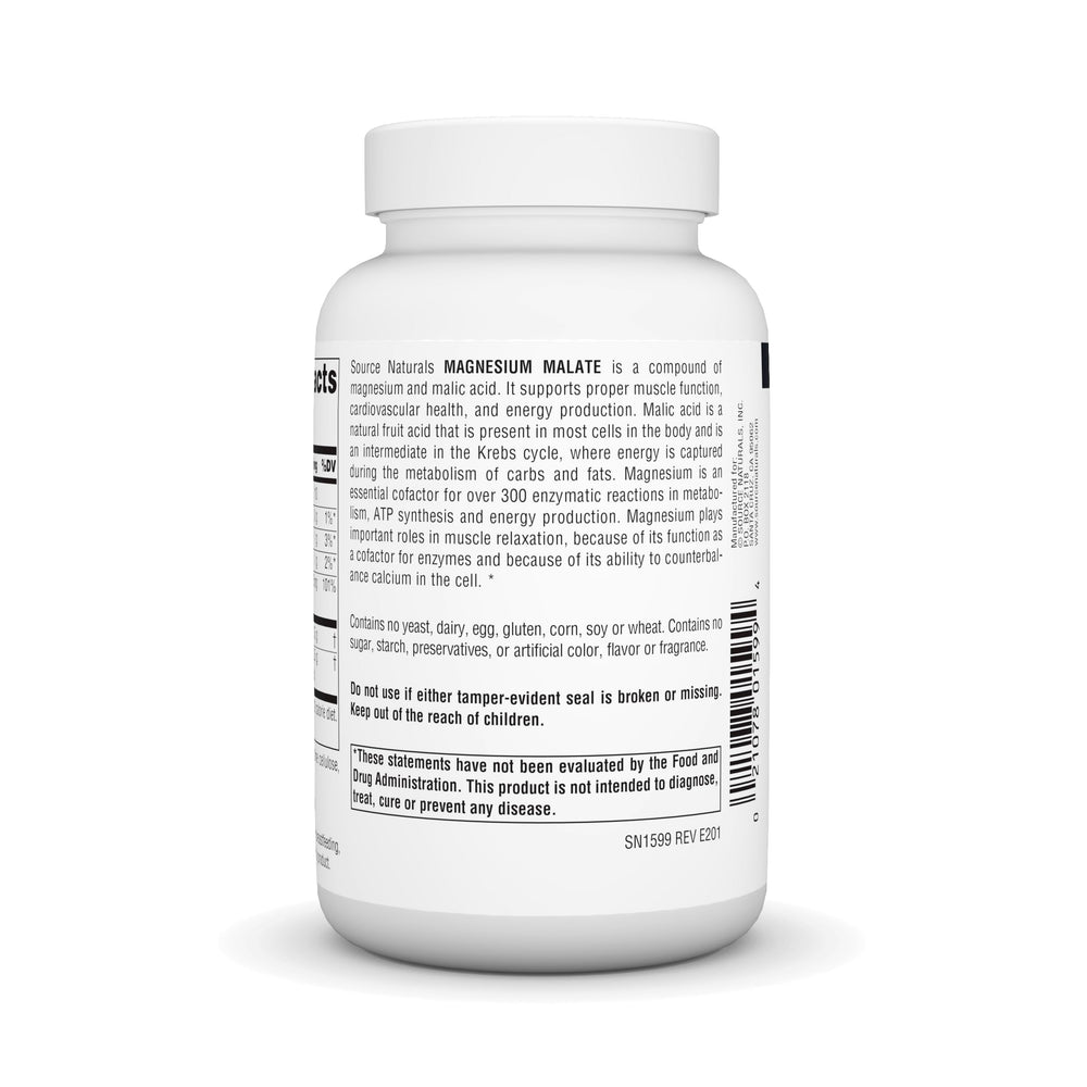 Source Naturals Magnesium Malate label showing mg per serving