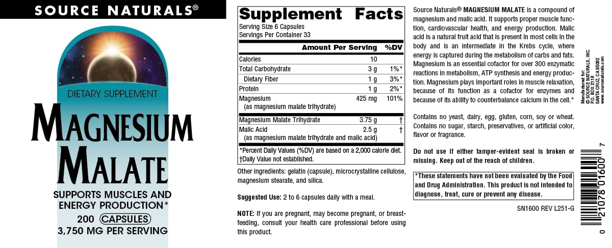 Source Naturals Magnesium Malate capsules close-up showing smooth texture.