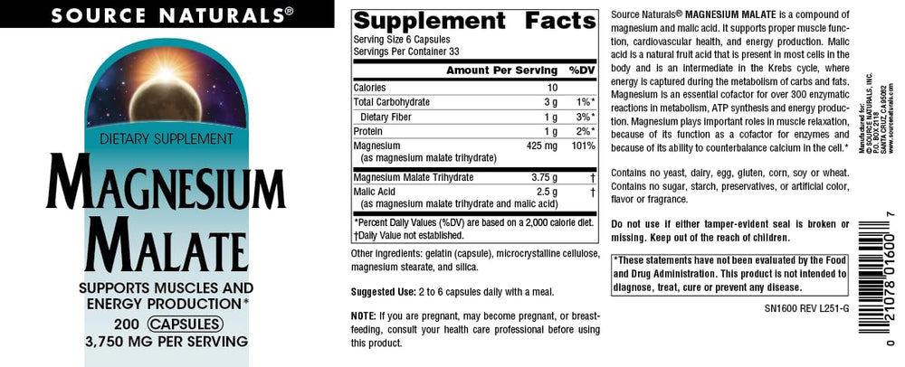 Source Naturals Magnesium Malate capsules close-up showing smooth texture.