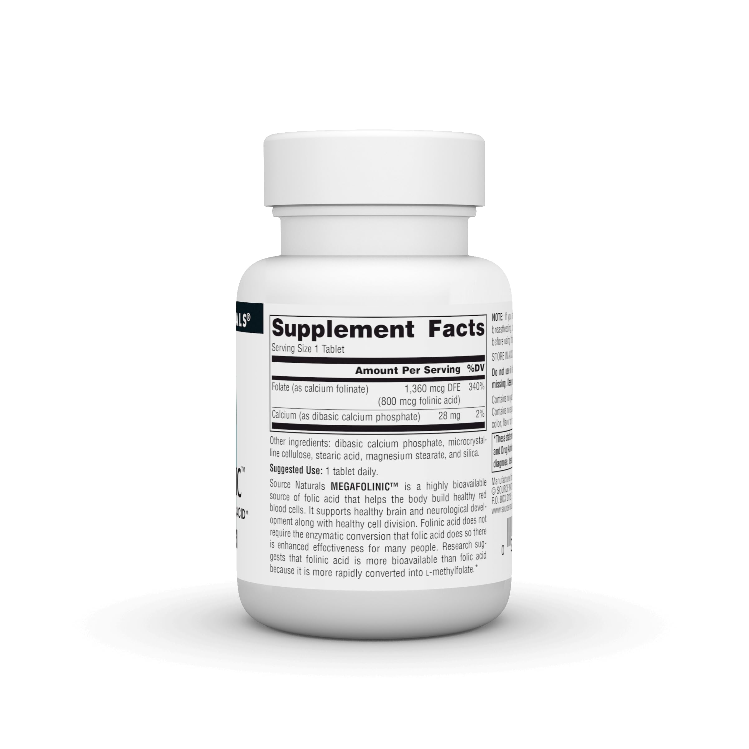 Source Naturals MegaFolinic bottle label shows 800 mcg folic acid