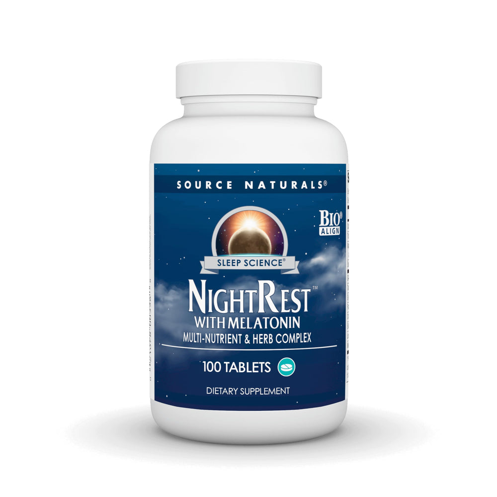 Source Naturals NightRest melatonin tablets close-up for sleep support