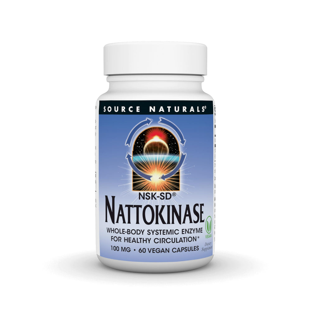 Source Naturals NSK-SD nattokinase bottle illustrating convenient daily circulation support.