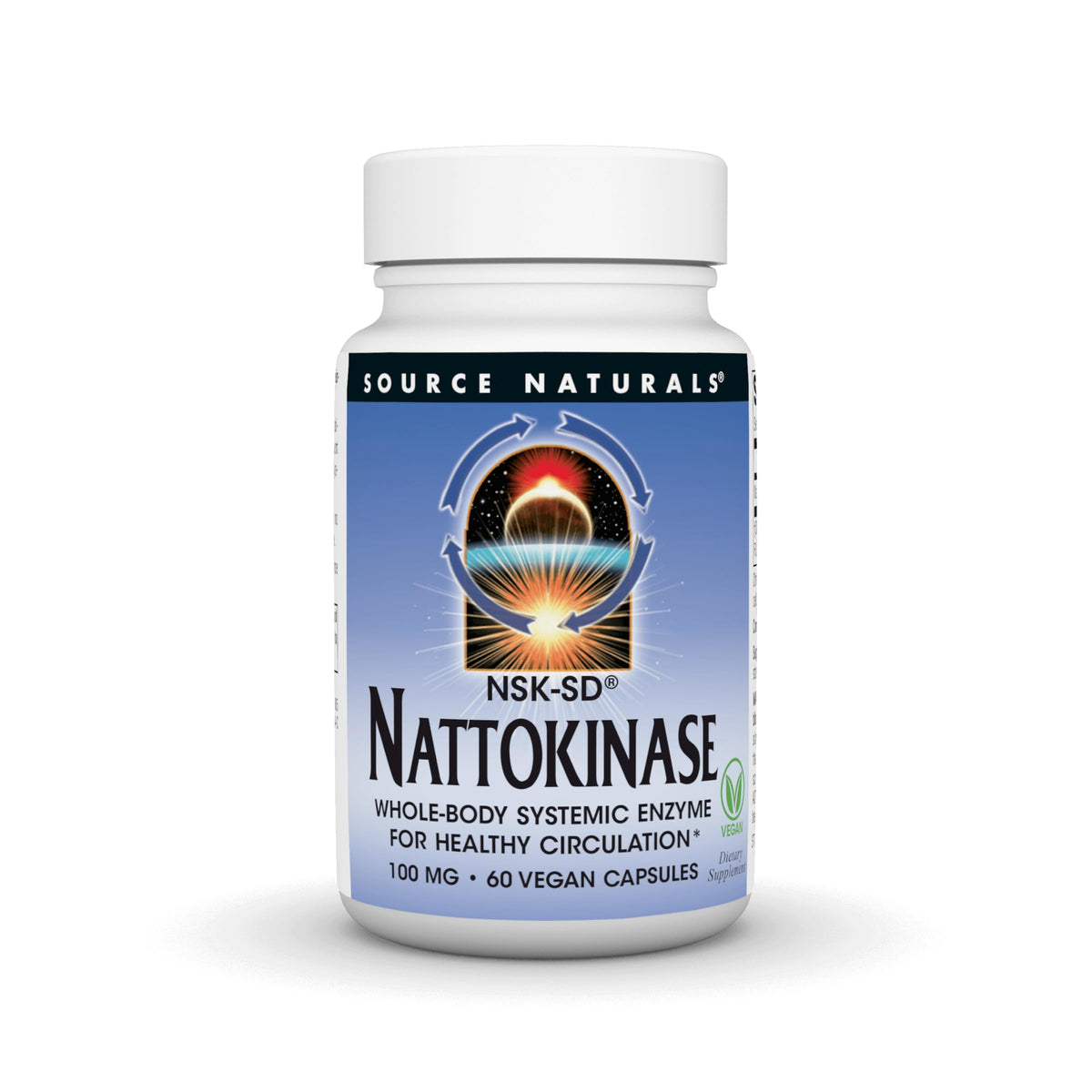 Source Naturals NSK-SD nattokinase bottle illustrating convenient daily circulation support.
