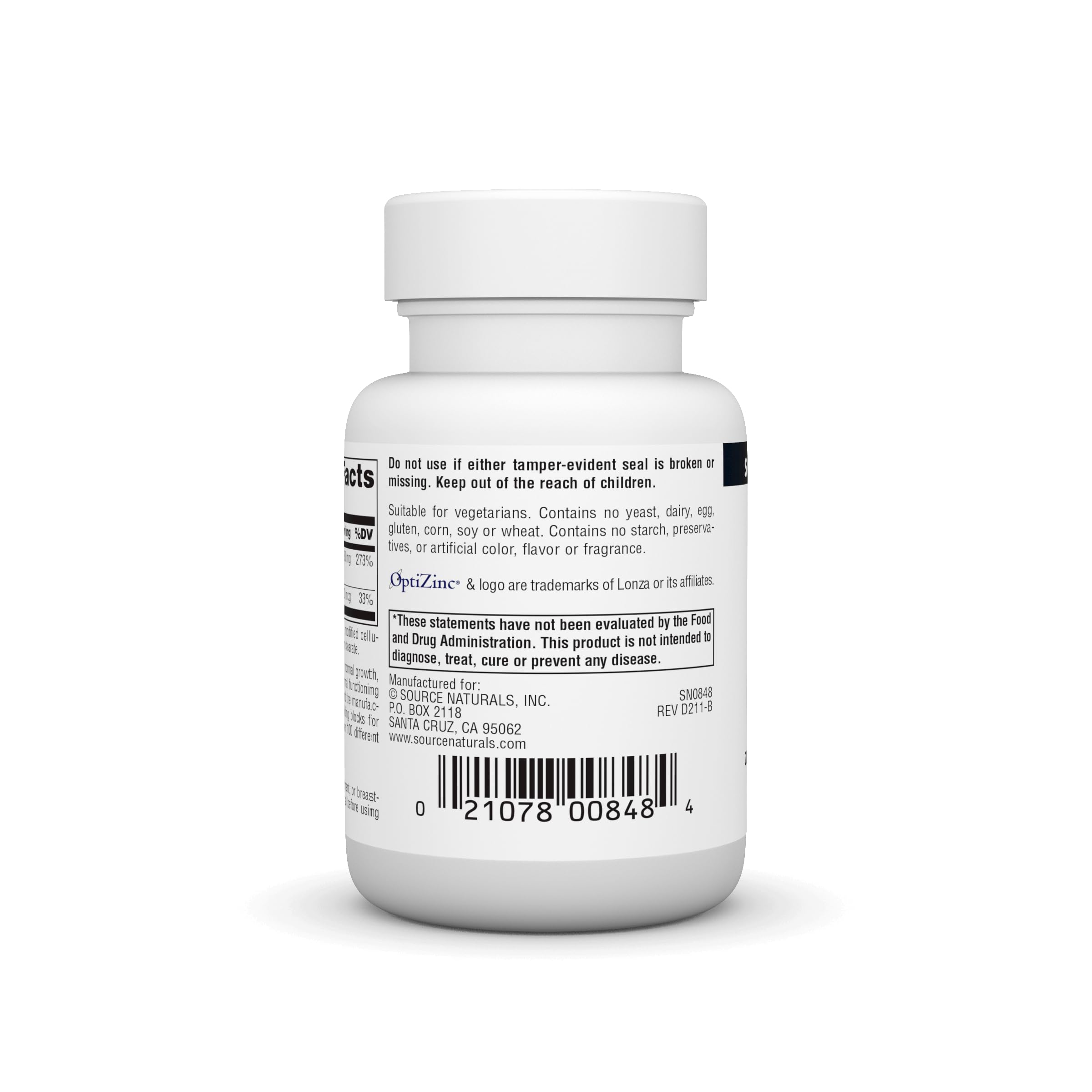 Label on Source Naturals OptiZinc bottle highlighting the zinc monomethionine complex.