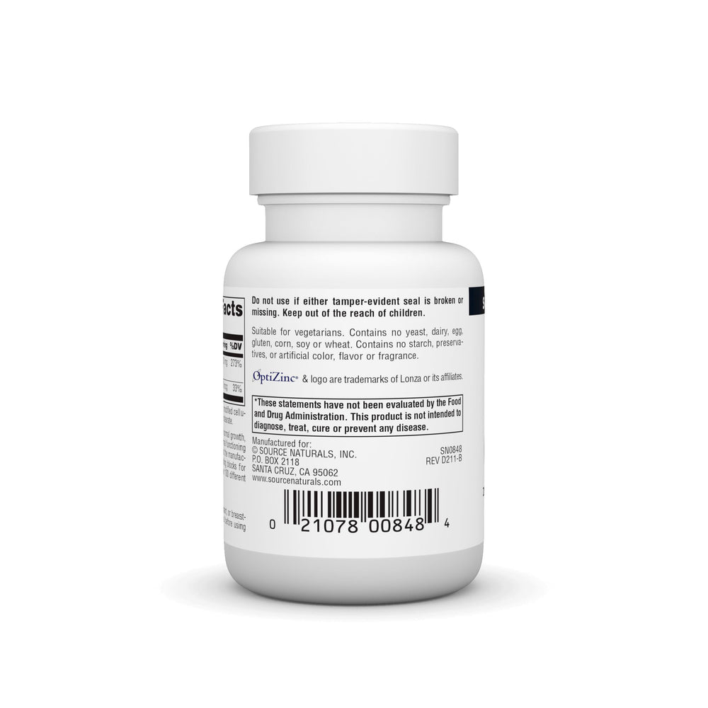 Label on Source Naturals OptiZinc bottle highlighting the zinc monomethionine complex.