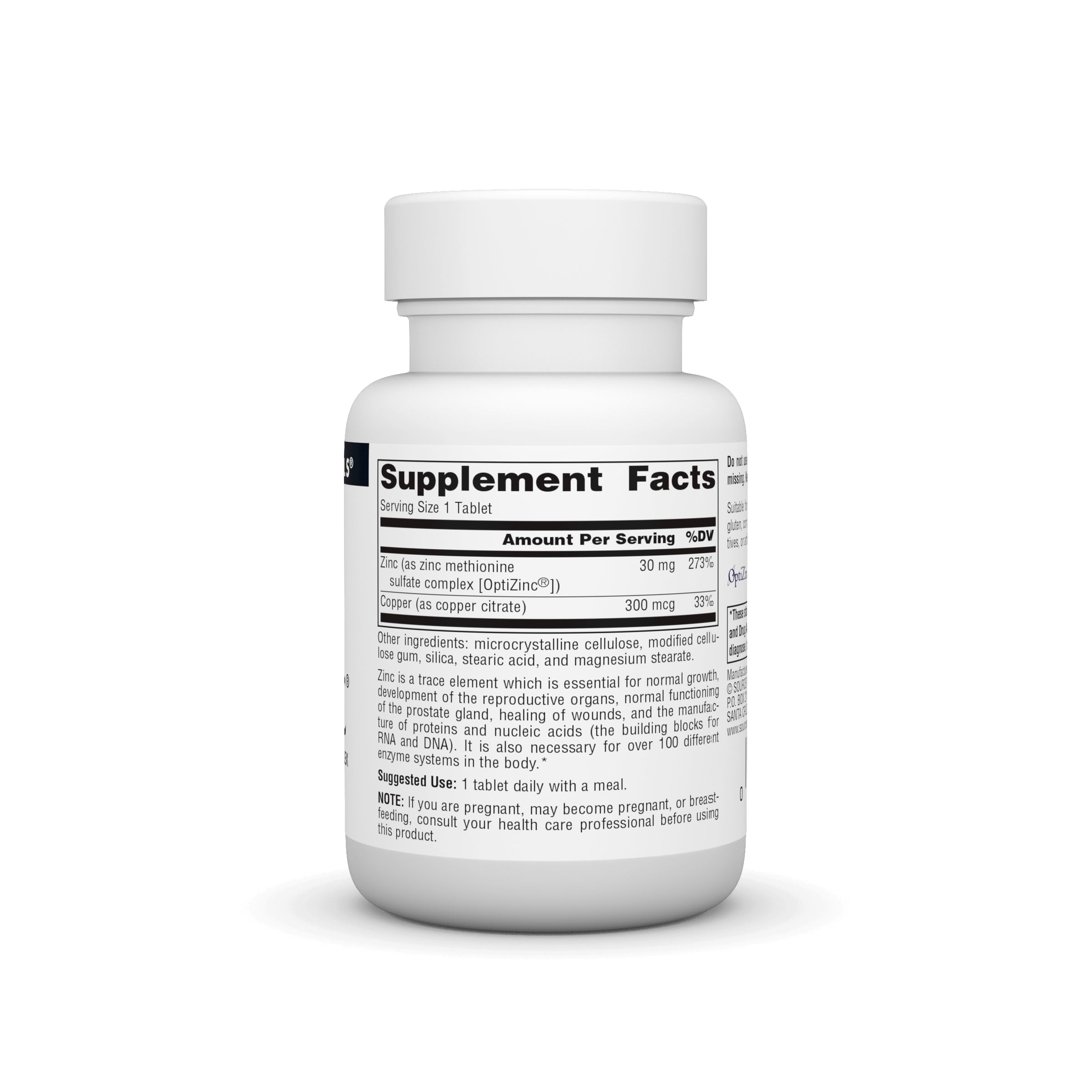 Close-up of OptiZinc tablets showing the zinc methionine complex for potential better absorption.
