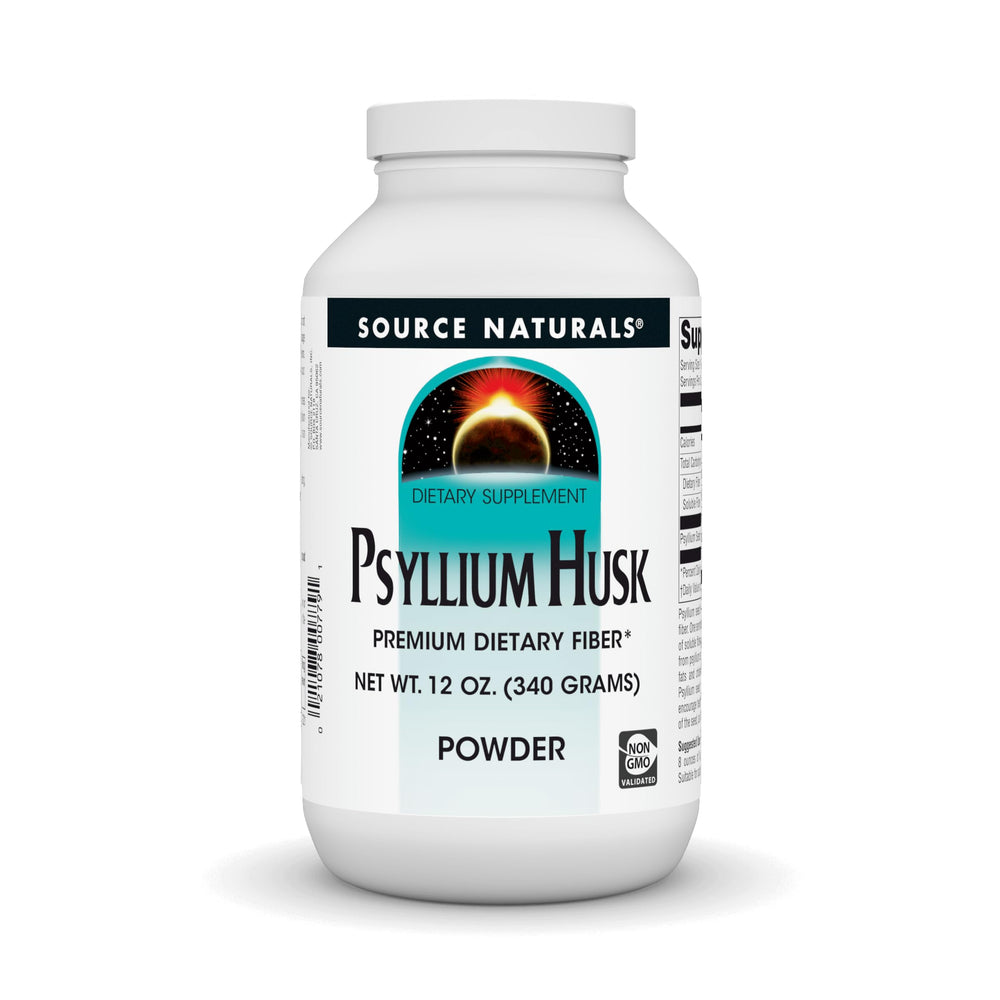 Source Naturals Psyllium Husk Powder bottle highlights a low-calorie soluble fiber option