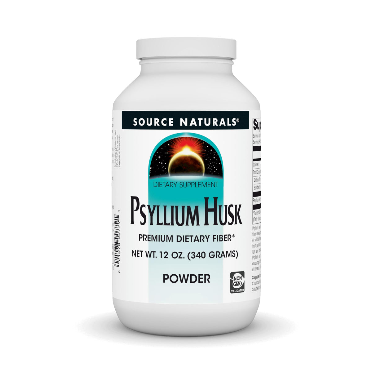 Source Naturals Psyllium Husk Powder bottle highlights a low-calorie soluble fiber option