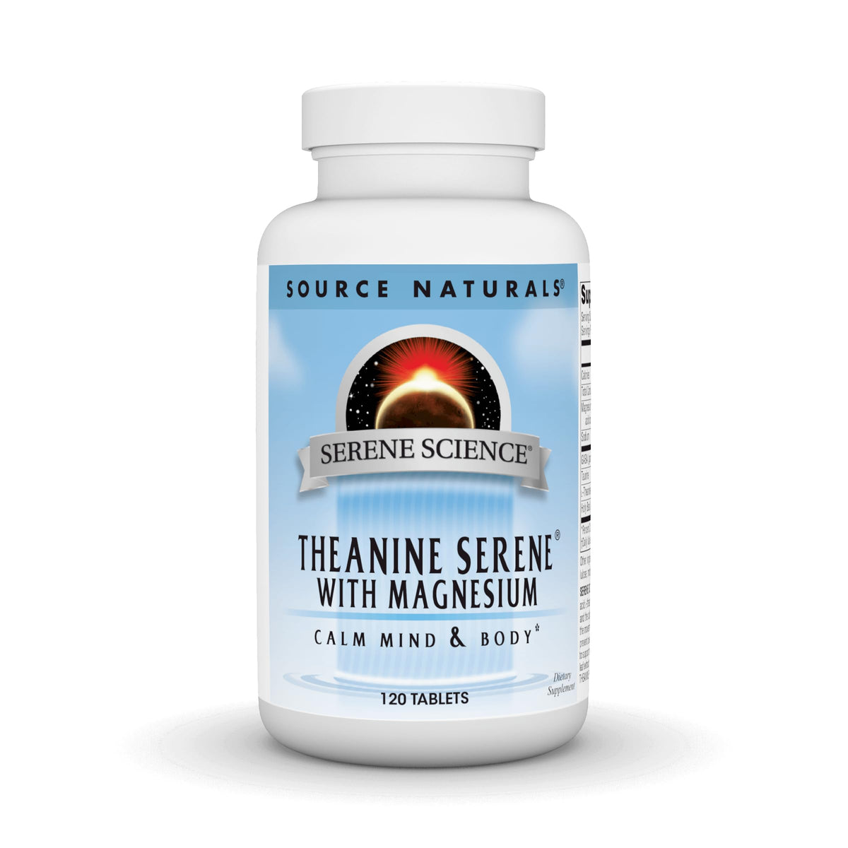 Source Naturals Serene Science L-Theanine bottle front view for calm focus.