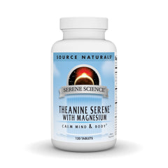 Source Naturals Serene Science L-Theanine bottle front view for calm focus.