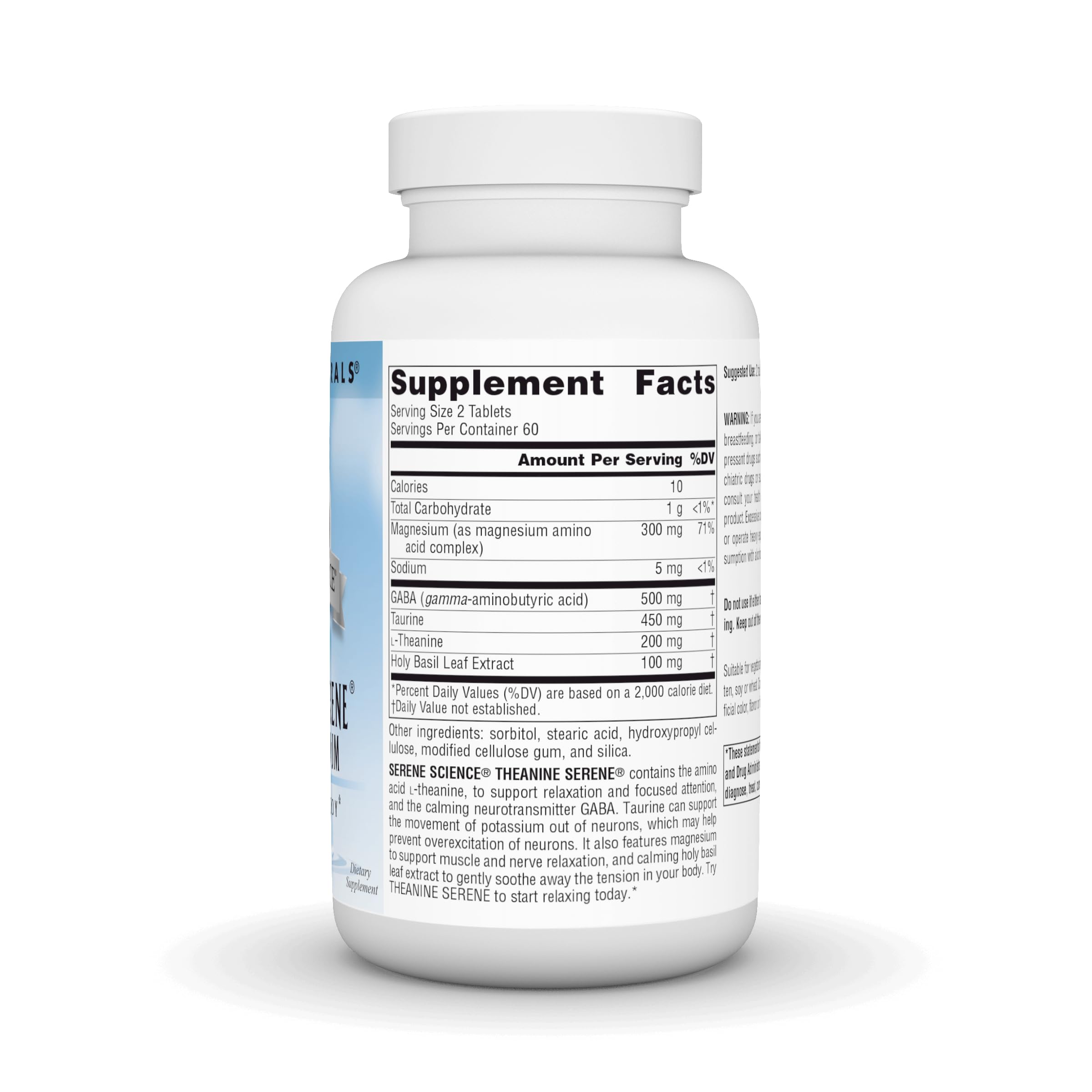 Source Naturals Serene Science L-Theanine label close-up highlighting ingredients.