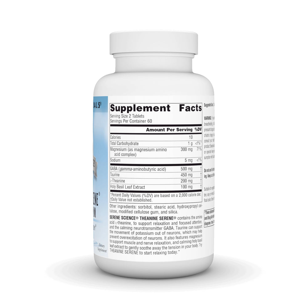 Source Naturals Serene Science L-Theanine label close-up highlighting ingredients.