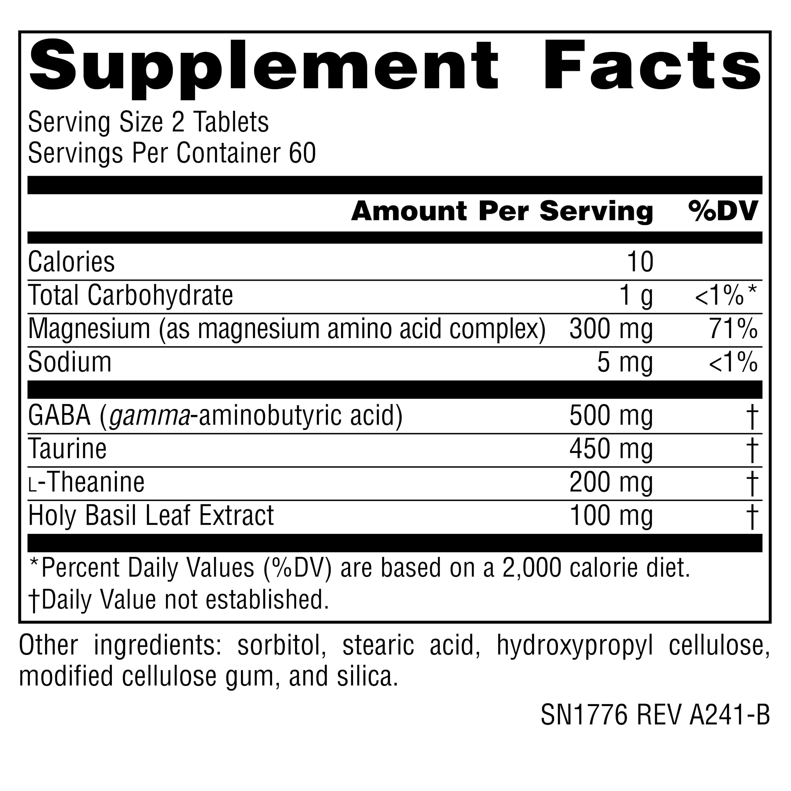 Ingredients panel for L-Theanine with magnesium and GABA.