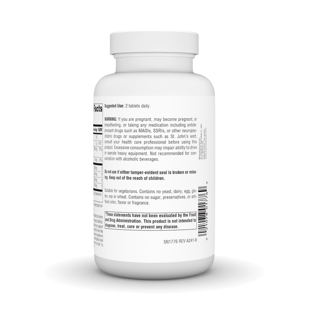 Close-up of Source Naturals L-Theanine tablets for daily relaxation.