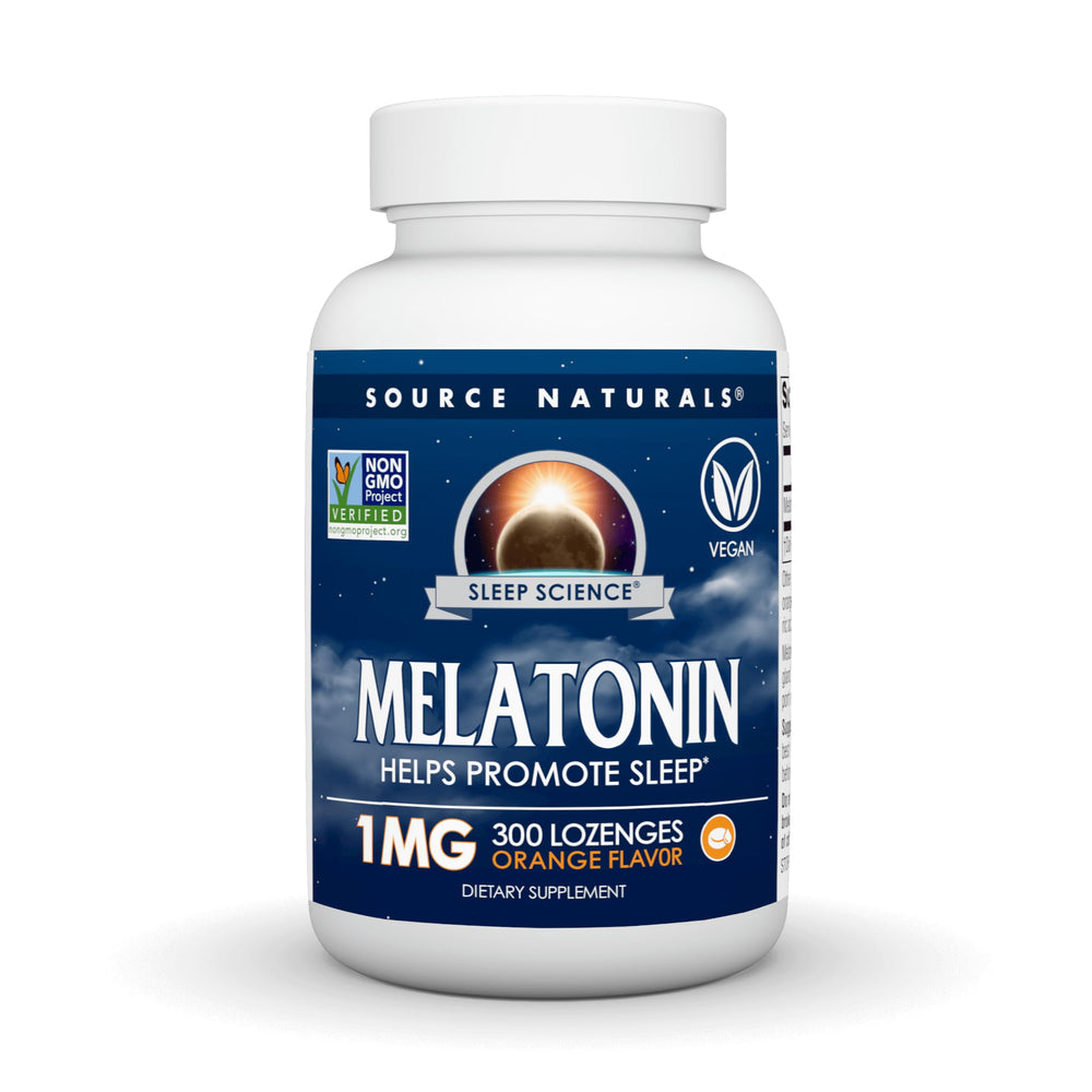Source Naturals Sleep Science Melatonin bottle front promotes restful nights with a 1 mg dose