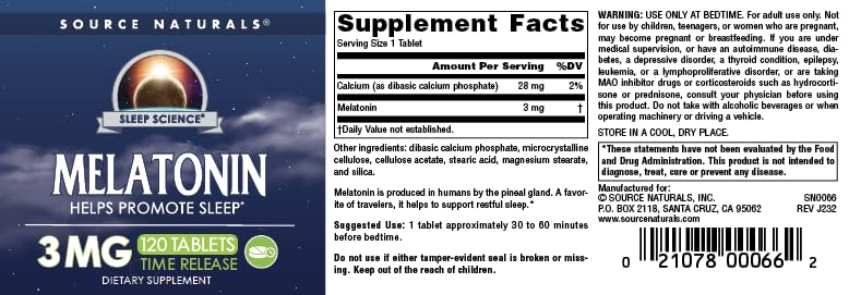 Source Naturals Time Released Melatonin bottle nightstand suggests easy nightly routine.