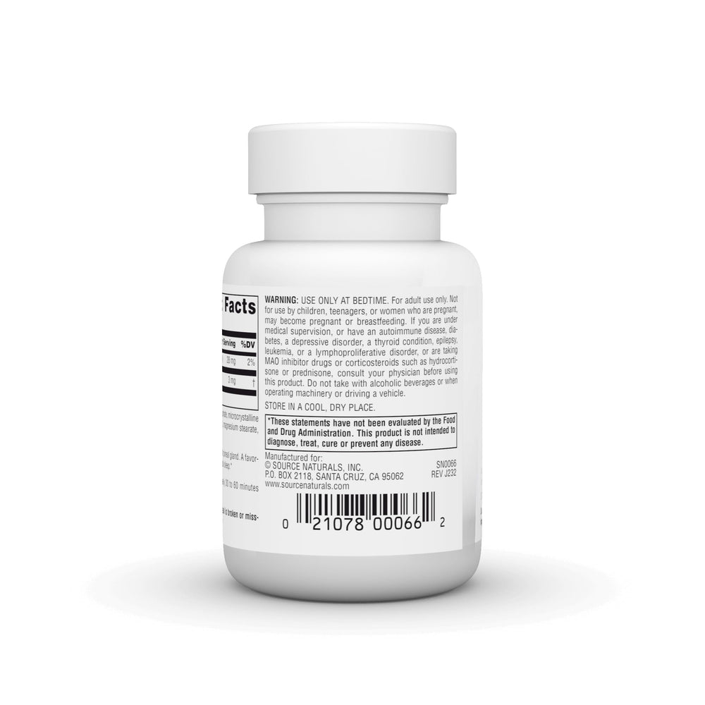 Source Naturals Time Released Melatonin label detail highlights time-release formula.