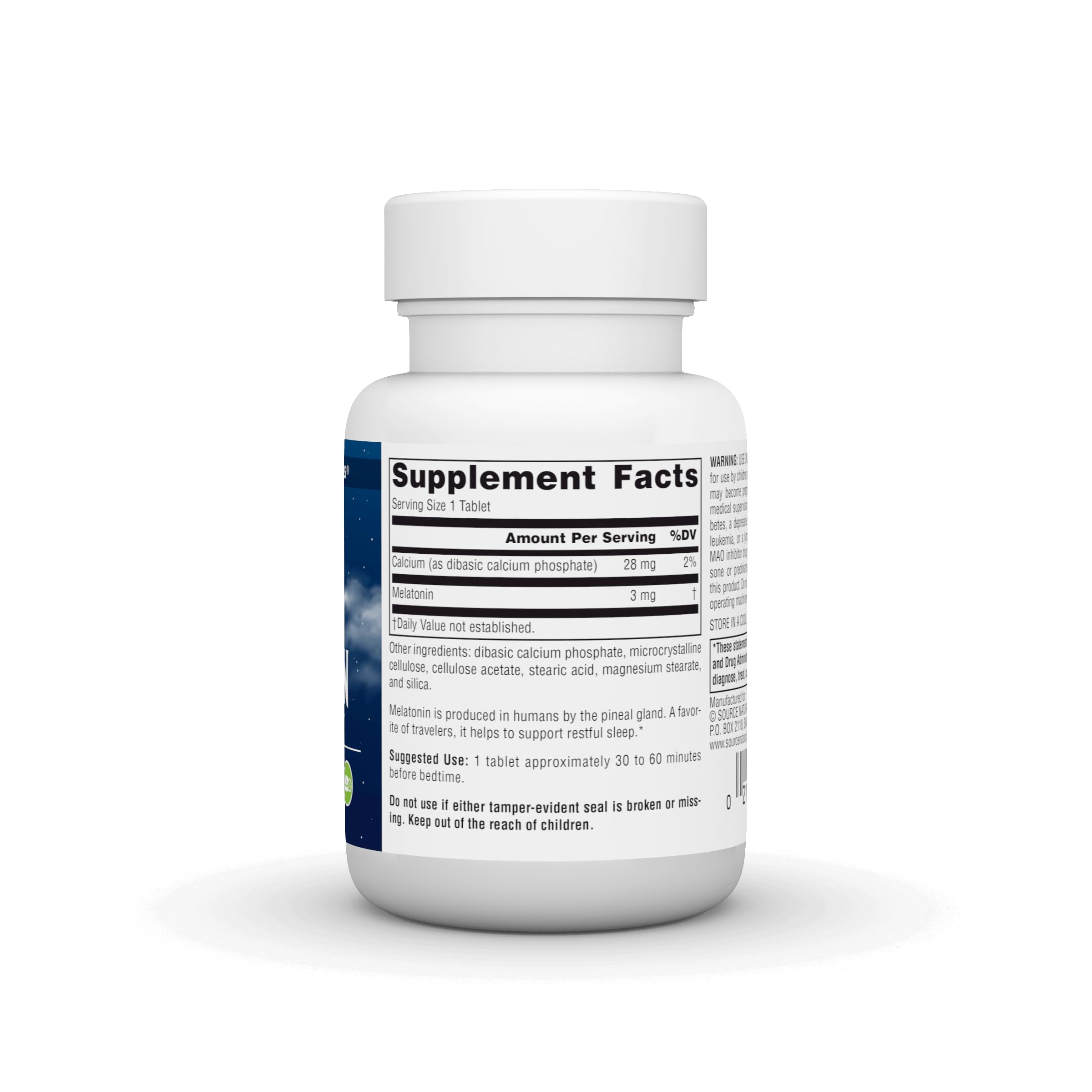 Source Naturals Time Released Melatonin tablets closeup shows a 3 mg dose.