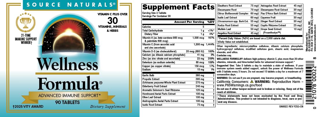 Source Naturals Wellness Formula ingredients list highlights antioxidants.