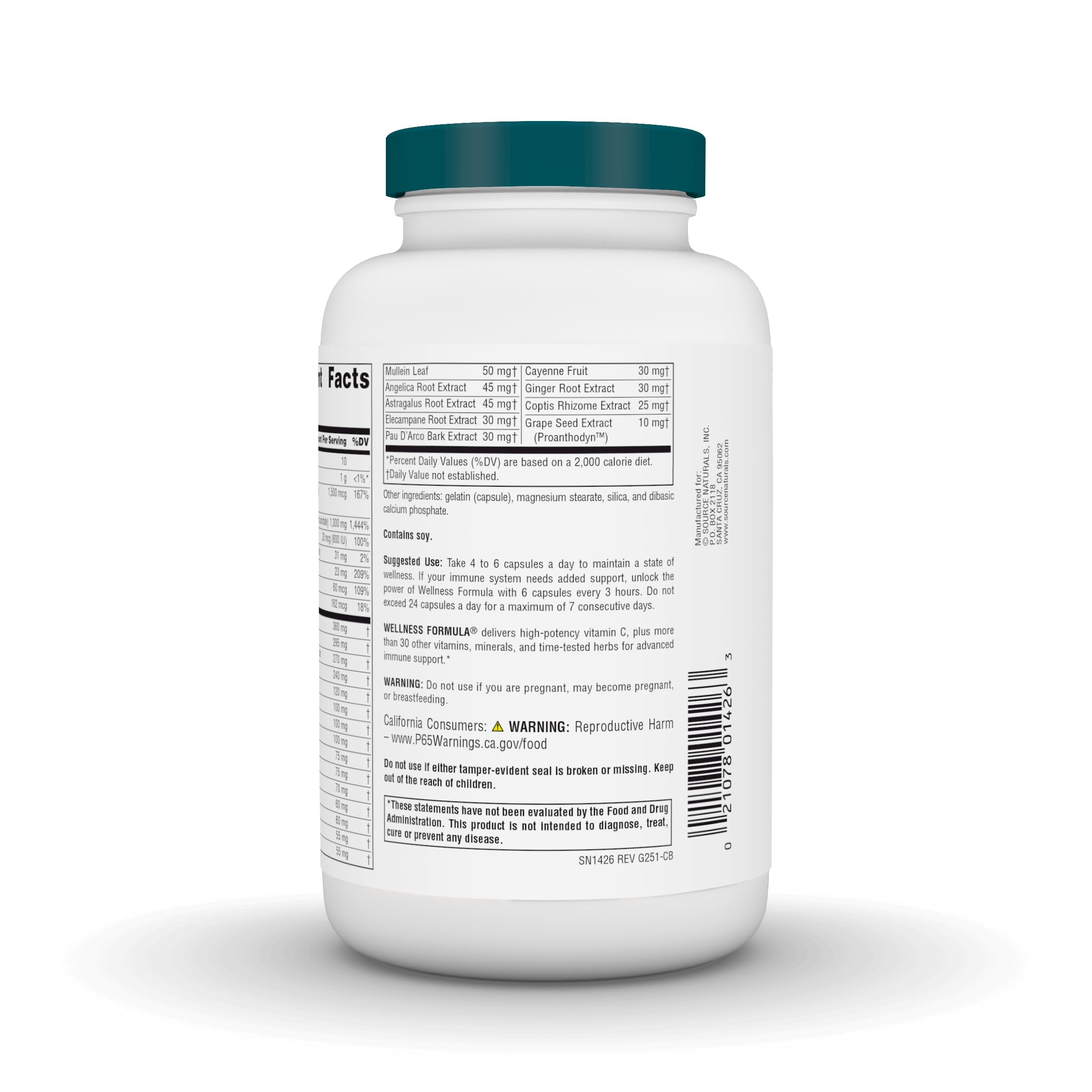 Source Naturals Wellness Formula label close-up highlights key nutrients for immune health.