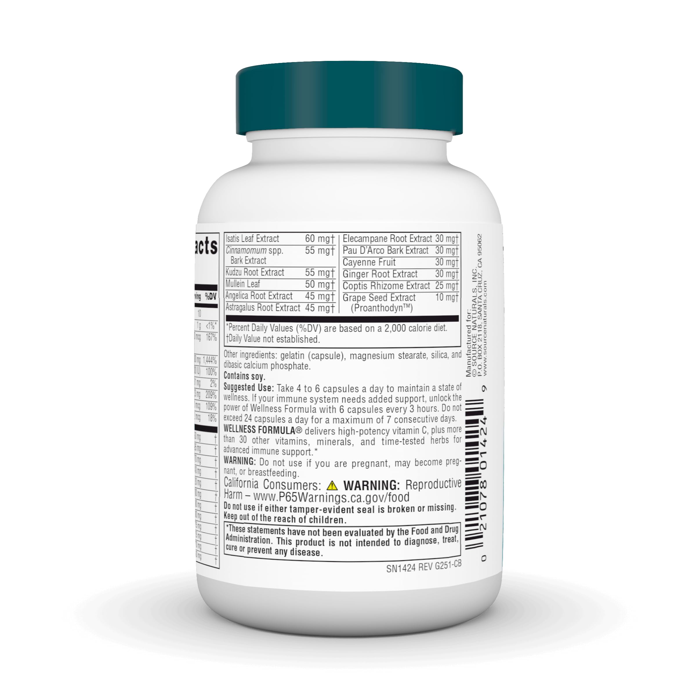 Source Naturals Wellness Formula label detail showing blend of vitamins and herbs