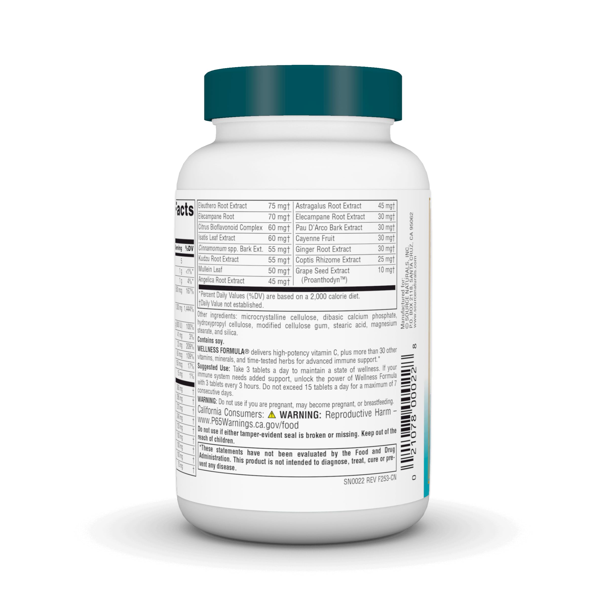 Source Naturals Wellness Formula label detailing ingredients and dosage.
