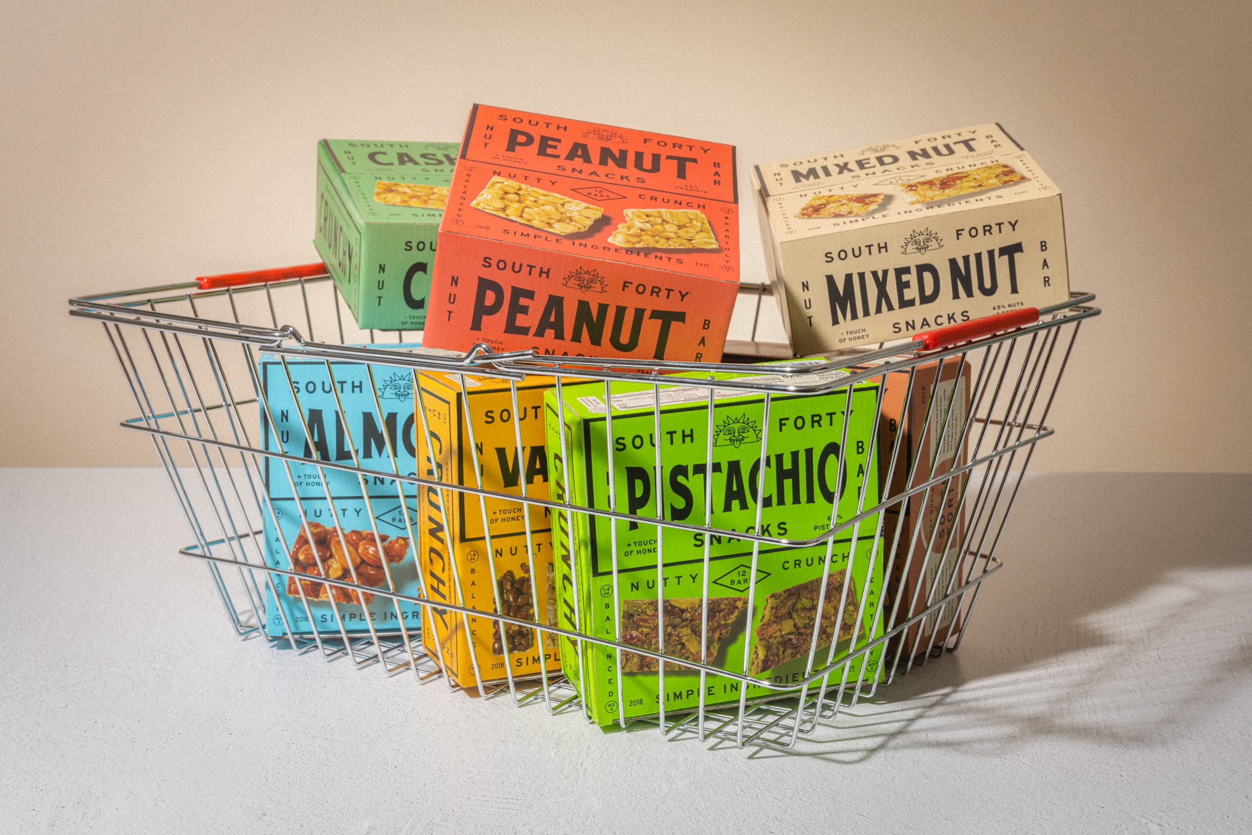 South 40 Snacks packaging display with 12-bar pack on shelf.