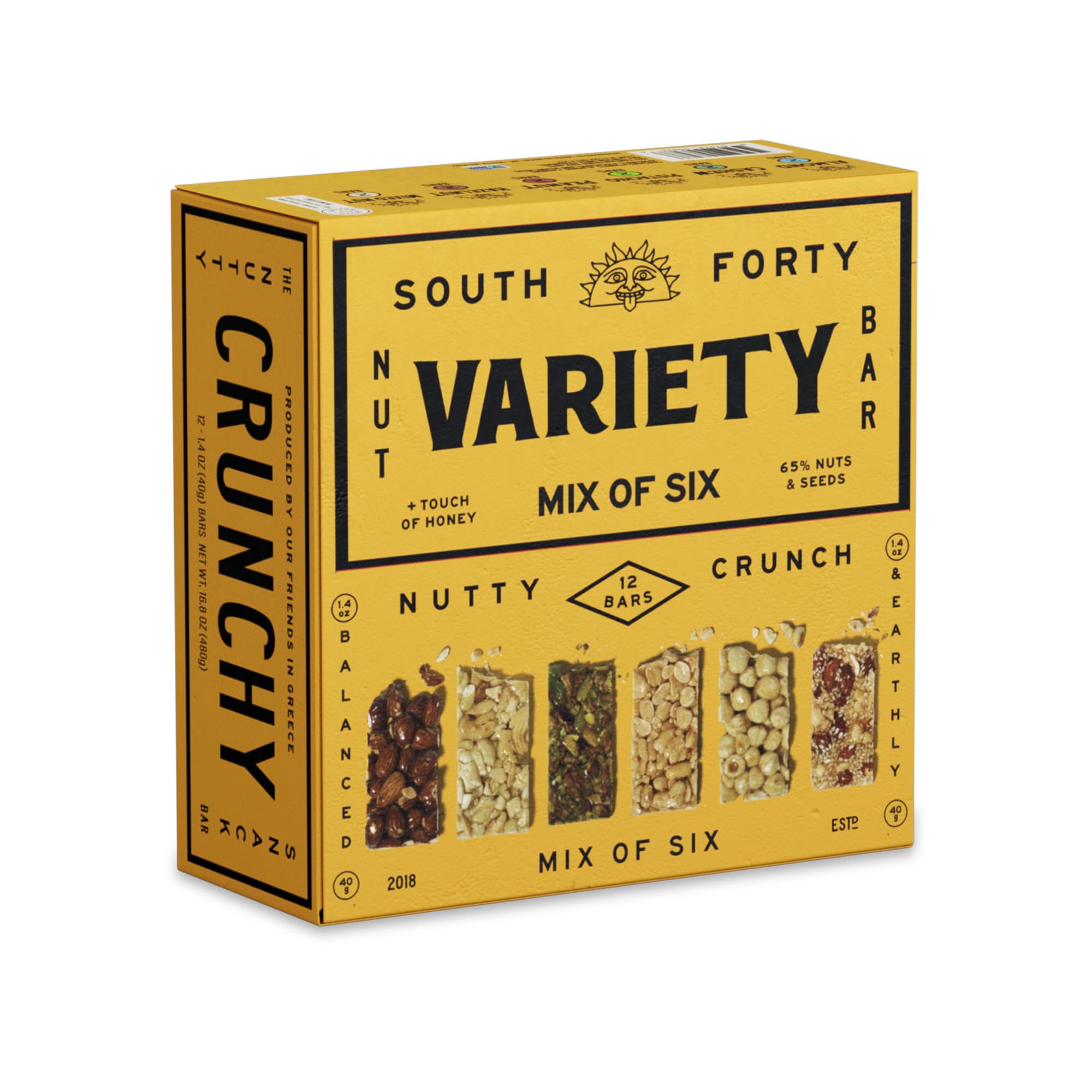 South 40 Snacks Crunchy Nut Bars variety-pack front view, ideal on-the-go protein boost.