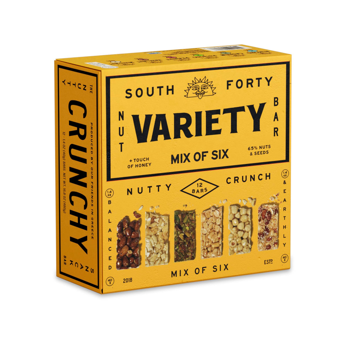 South 40 Snacks Crunchy Nut Bars variety-pack front view, ideal on-the-go protein boost.