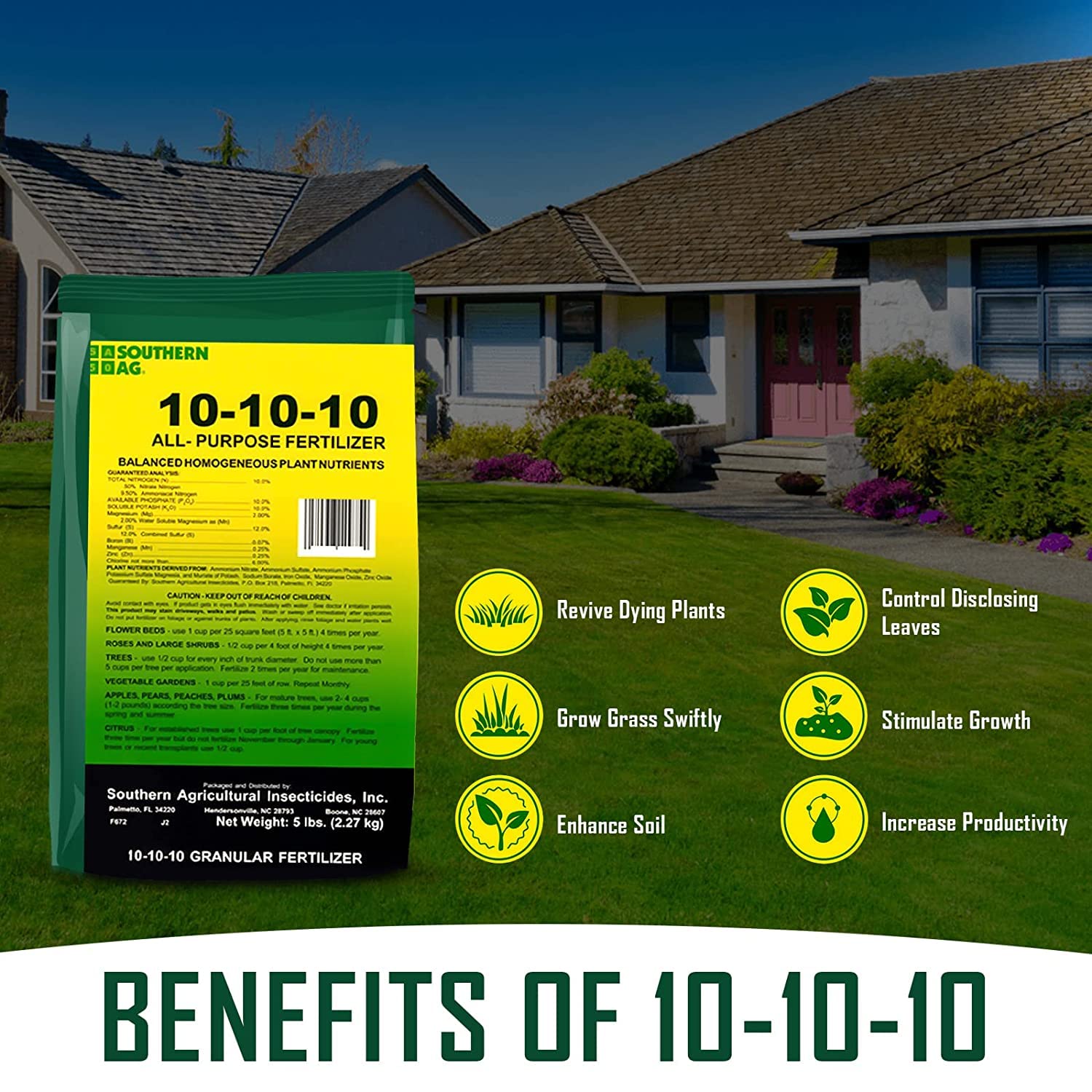 Southern Ag 10-10-10 fertilizer bag label shows balanced nutrients for gardens.